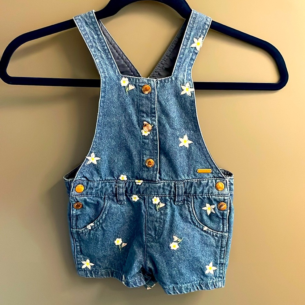 Tahari Baby Girl‎ Blue Denim Floral Embroidered Shortall Overalls